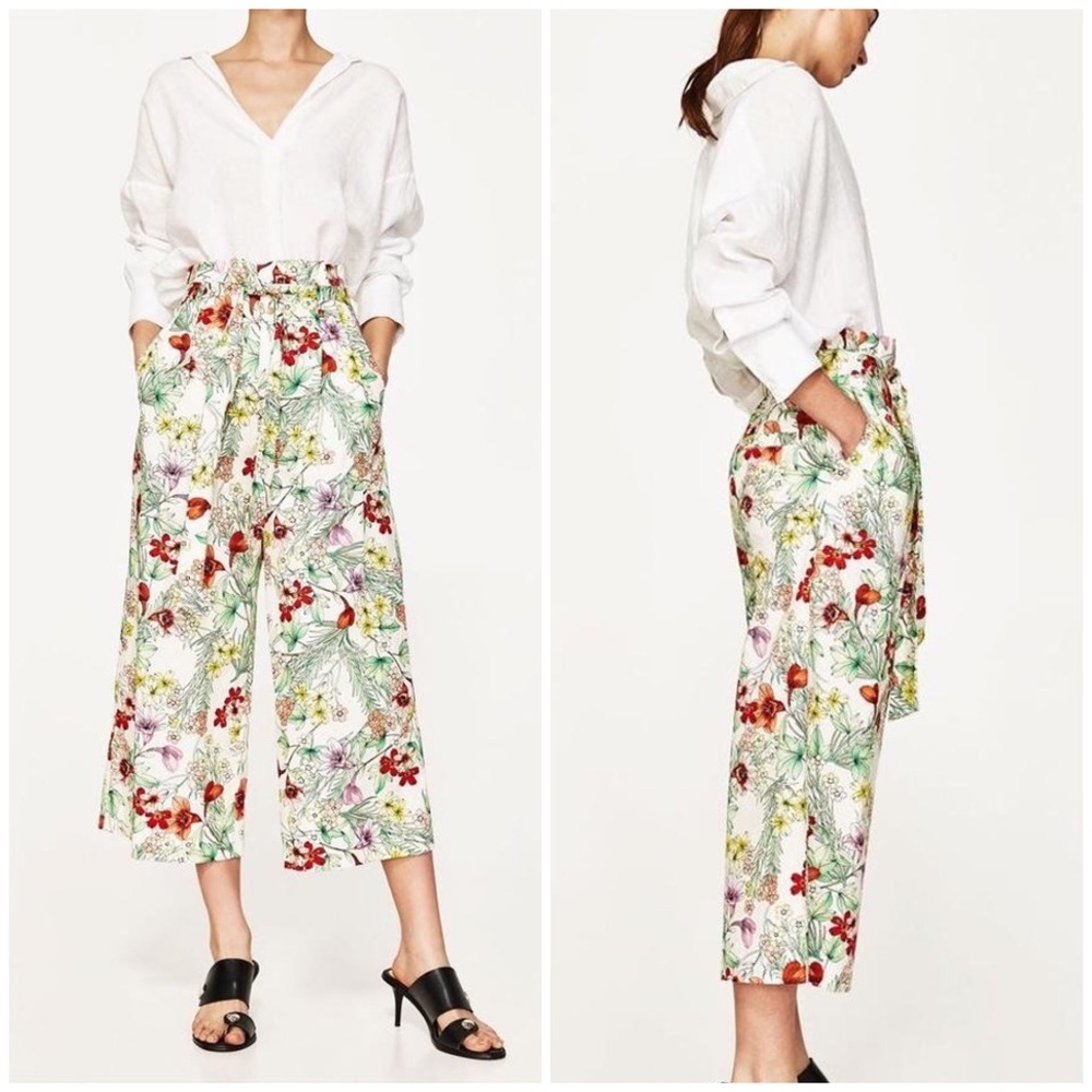 Zara Floral Paper Bag Culottes Pants Medium